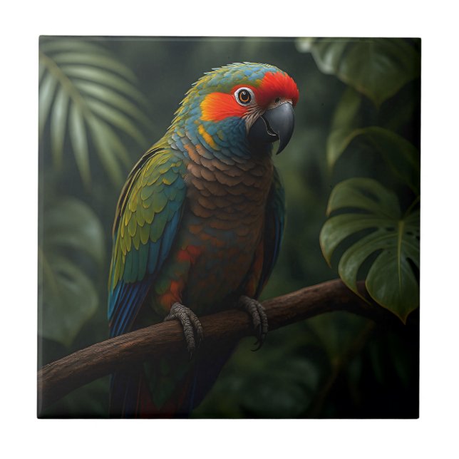 Vibrant Tropical Parrot Jungle Portrait Ceramic Tile (Front)