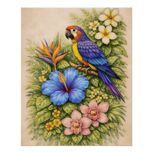 Vibrant Tropical Parrot Macaw Botanical Floral Poster