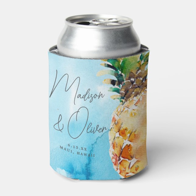 Vibrant Tropical Pineapple Watercolor Wedding Can Cooler (Can Front)