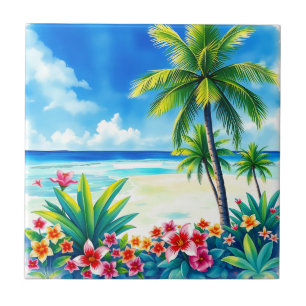Vibrant Tropical Scene with Palm Trees Ceramic Tile