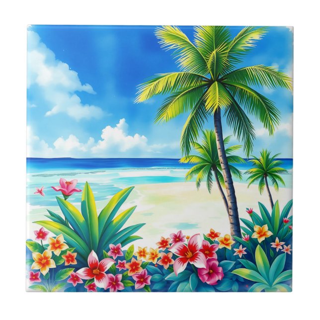 Vibrant Tropical Scene with Palm Trees Ceramic Tile (Front)