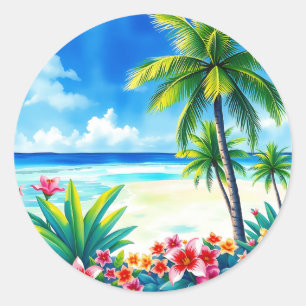 Vibrant Tropical Scene with Palm Trees Classic Round Sticker