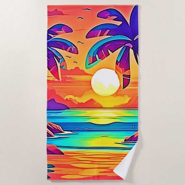 Vibrant Tropical Sunset Art Beach Towel (Front)