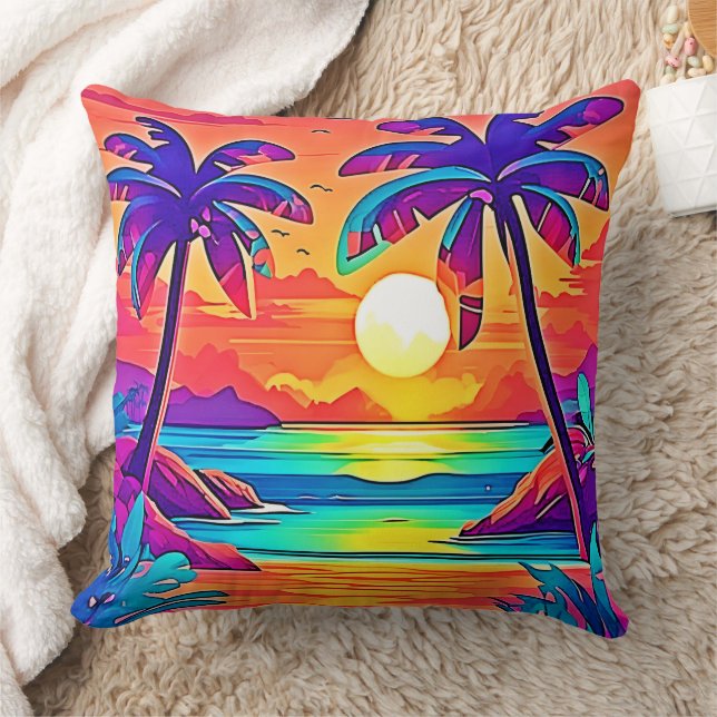 Vibrant Tropical Sunset Art Cushion (Blanket)