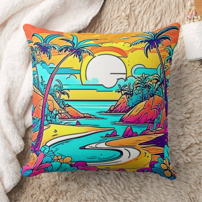 Vibrant Tropical Sunset Beach Cushion (Blanket)