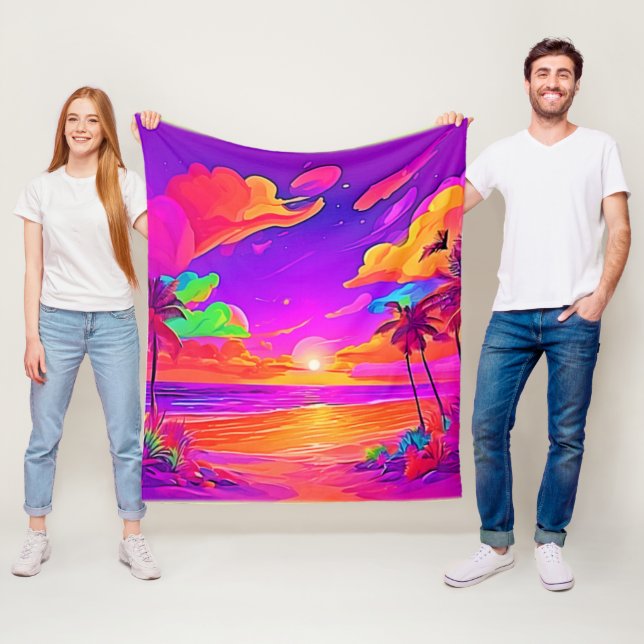 Vibrant Tropical Sunset Fleece Blanket (In Situ)