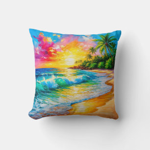 Vibrant Tropical Sunset Painting with Waves Cushion