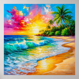 Vibrant Tropical Sunset Painting with Waves Poster