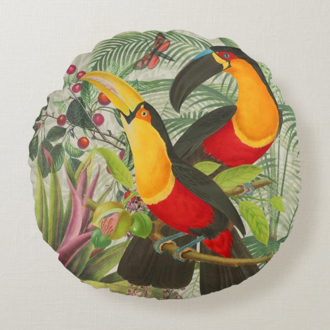 Vibrant Tropical Toucan Birds Art Exotic Jungle  Round Cushion (Front)