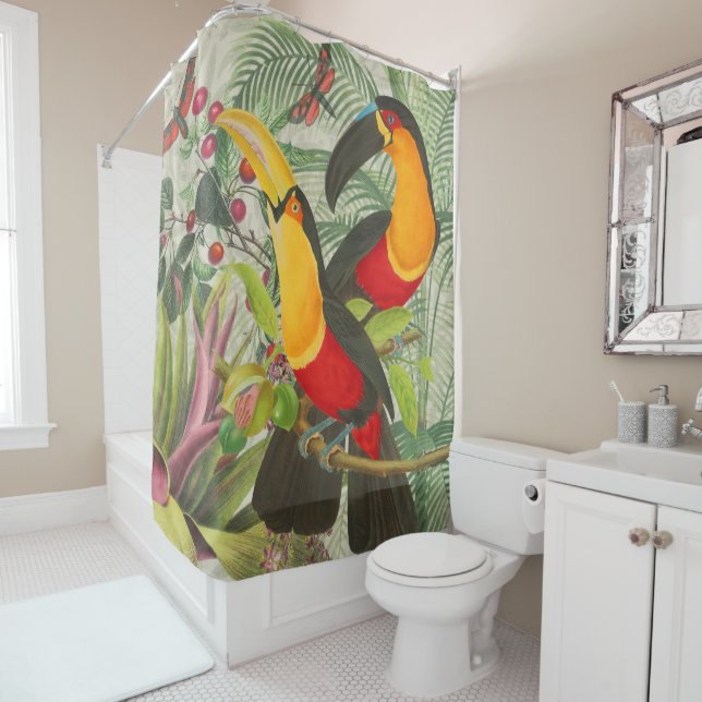 Vibrant Tropical Toucan Birds Art Exotic Jungle  Shower Curtain (In Situ)