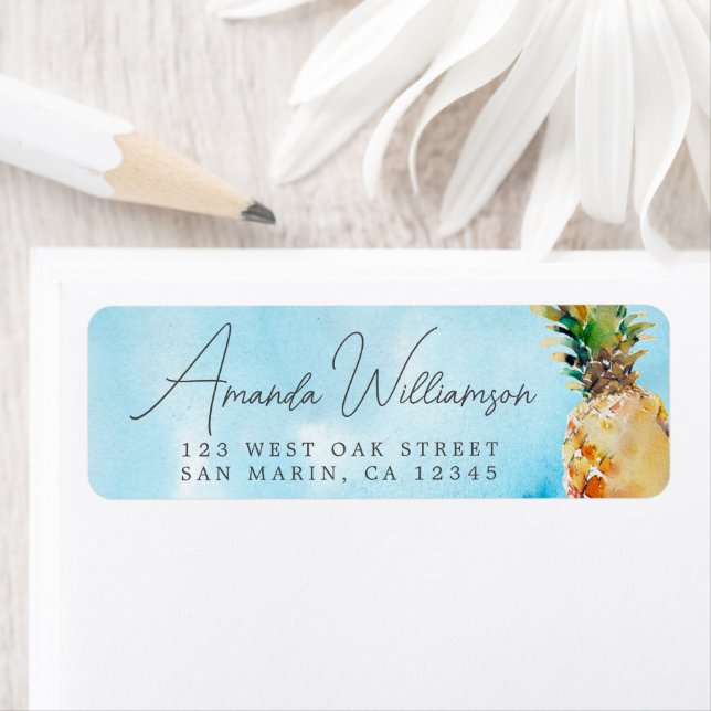 Vibrant Tropical Watercolor Pineapple Return Address Label (Insitu)