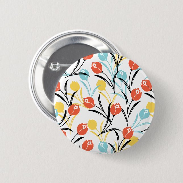 Vibrant Tulip Pattern Floral Design on White 6 Cm Round Badge (Front & Back)