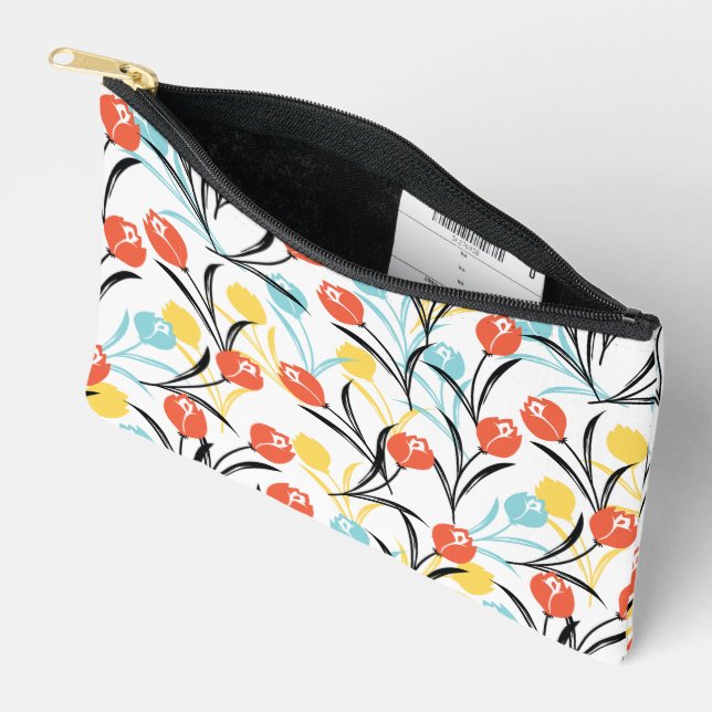 Vibrant Tulip Pattern Floral Design on White Accessory Pouch (Open)
