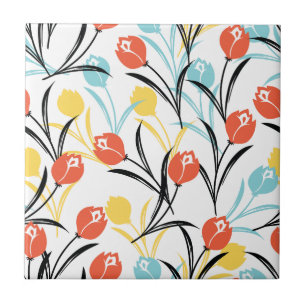 Vibrant Tulip Pattern Floral Design on White Ceramic Tile