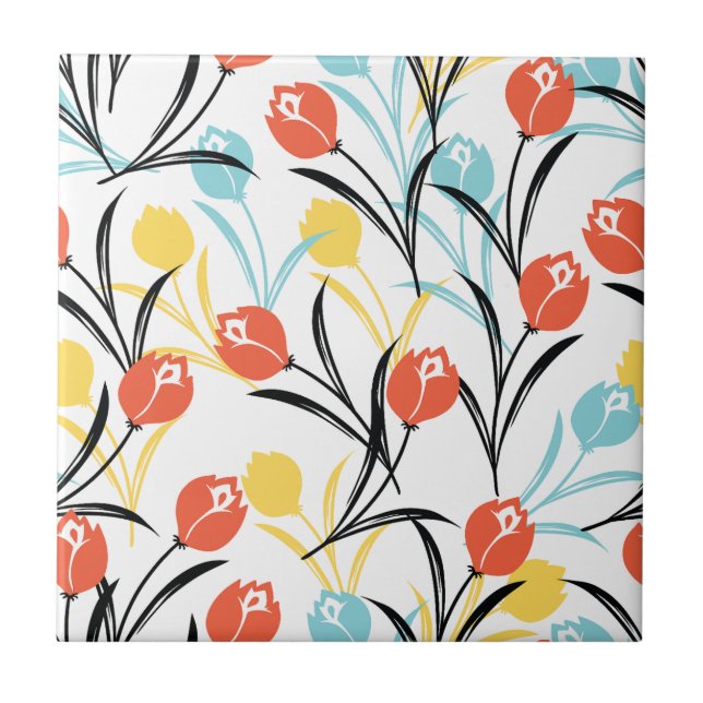Vibrant Tulip Pattern Floral Design on White Ceramic Tile (Front)