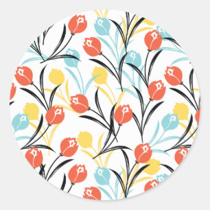 Vibrant Tulip Pattern Floral Design on White Classic Round Sticker