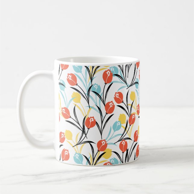 Vibrant Tulip Pattern Floral Design on White Coffee Mug (Left)