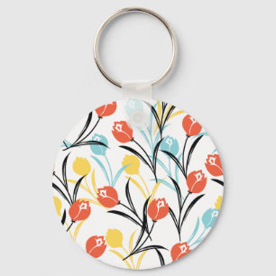 Vibrant Tulip Pattern Floral Design on White Key Ring