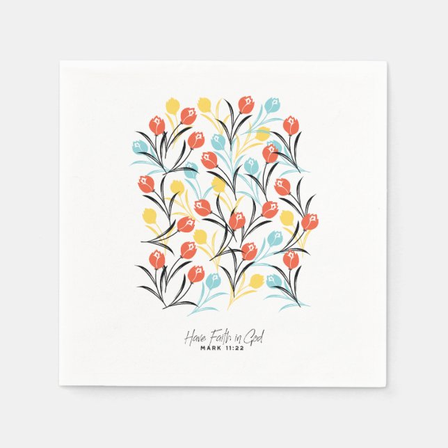Vibrant Tulip Pattern Floral Design on White Napkin (Front)