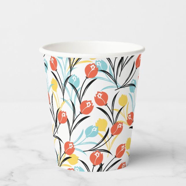 Vibrant Tulip Pattern Floral Design on White Paper Cups (Front)