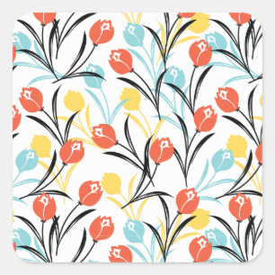 Vibrant Tulip Pattern Floral Design on White Square Sticker
