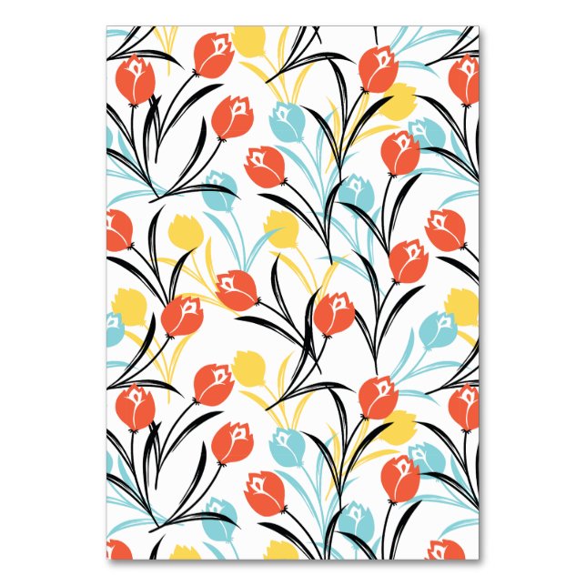 Vibrant Tulip Pattern Floral Design on White Table Number (Front)
