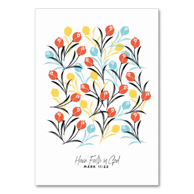Vibrant Tulip Pattern Floral Design on White Table Number (Front)