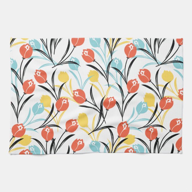 Vibrant Tulip Pattern Floral Design on White Tea Towel (Horizontal)