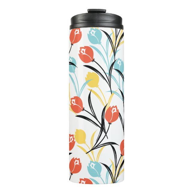 Vibrant Tulip Pattern Floral Design on White Thermal Tumbler (Front)