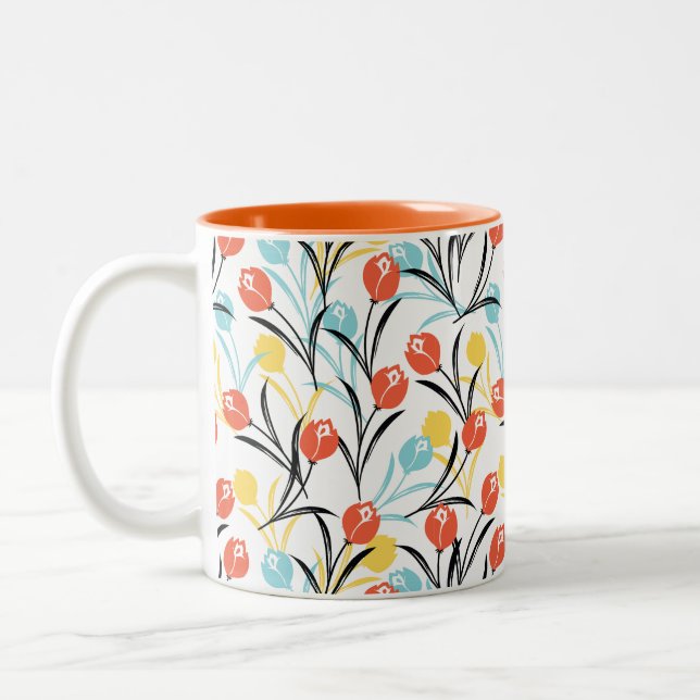 Vibrant Tulip Pattern Floral Design on White Two-Tone Coffee Mug (Left)