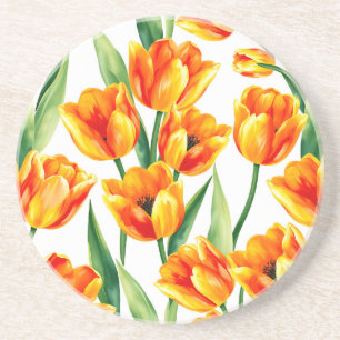 Vibrant Tulips Watercolor Pattern in Bright Yellow Coaster