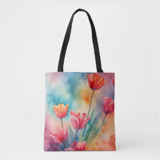 Vibrant tulips watercolor tote bag