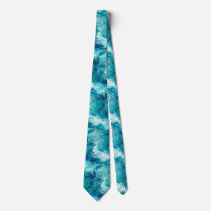 Vibrant Turquoise and Aqua Fluid Art Ocean Waves Tie