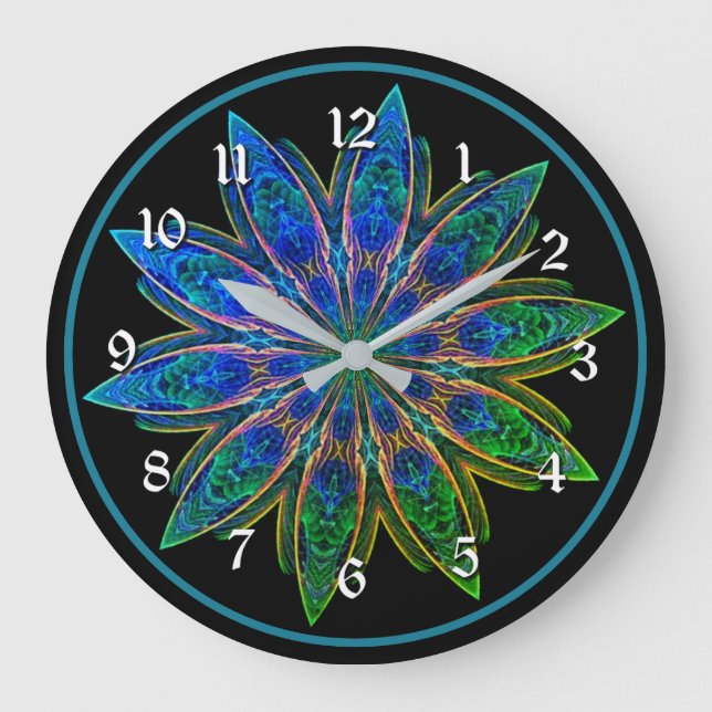 Vibrant Turquoise Lotus Petals Mandala Round Large Clock (Front)