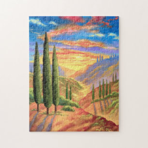 Vibrant Tuscany Landscape Sunset Orange Green Jigsaw Puzzle