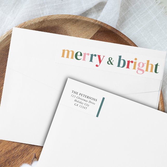 Vibrant Typography Merry & Bright Modern Christmas Wrap Around Label (Christmas Wrap Around Return Address Label)