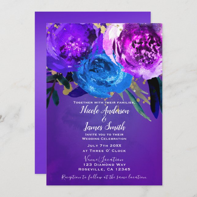 Vibrant Ultra Violet Purple Floral Fantasy Wedding Invitation (Front/Back)