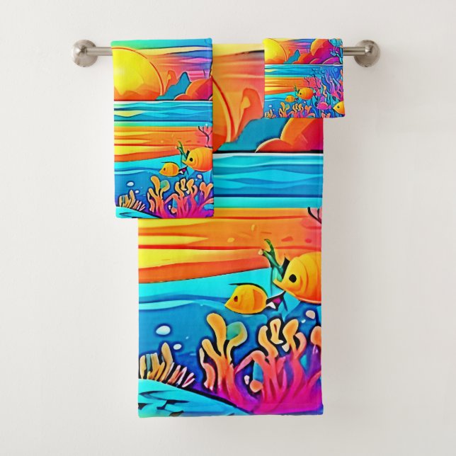 Vibrant Underwater Sunset Artwork Bath Towel Set (Insitu)