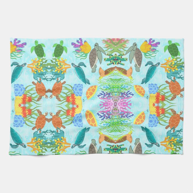 Vibrant underwater turtles and corals  tea towel (Horizontal)