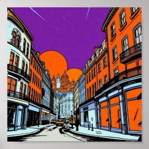 Vibrant Urban Sunset Cityscape Artistic Graphic Ar Poster
