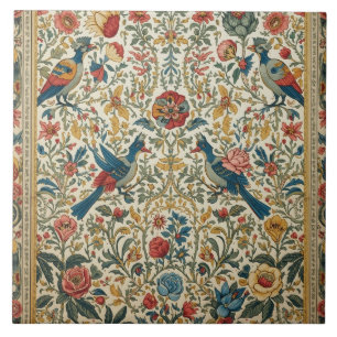 Vibrant Vintage Bird & Floral Garden Ceramic Tile