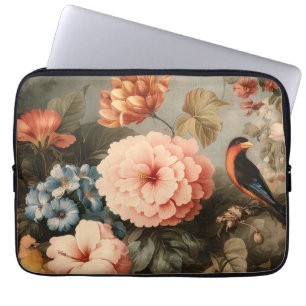 Vibrant Vintage Floral and Bird Scene Laptop Sleeve
