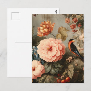 Vibrant Vintage Floral and Bird Scene Postcard