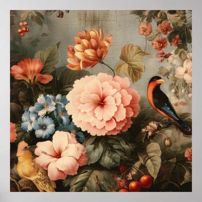 Vibrant Vintage Floral and Bird Scene Poster (Front)