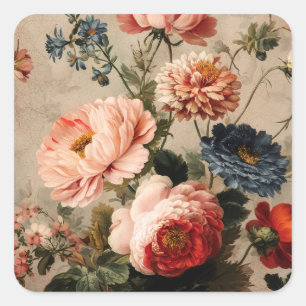Vibrant Vintage Floral Arrangement Square Sticker