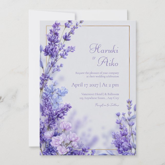 Vibrant Violet Botanical Lavender Gold Frame Invitation (Front)