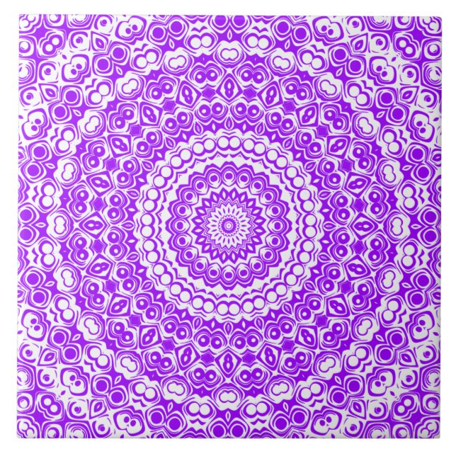 Vibrant Violet Mandala Kaleidoscope Pattern Ceramic Tile (Front)