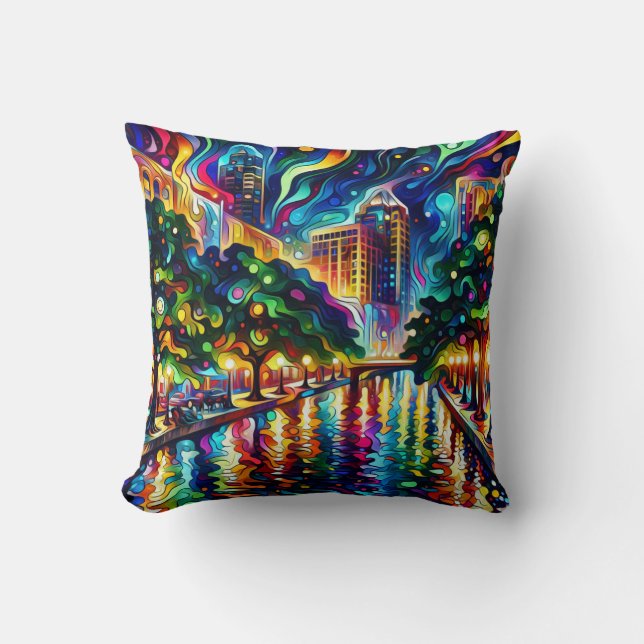 Vibrant Visions: Psychedelic San Antonio Riverwalk Cushion (Front)