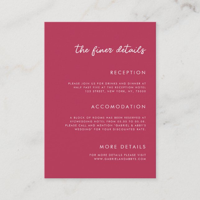 Vibrant Viva Magenta Fuchsia Details Wedding Enclosure Card (Front)