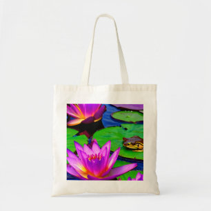 Vibrant Water Lilies Lily Pads and a Frog Tote Bag
